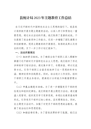 县统计局2023年主题教育工作总结