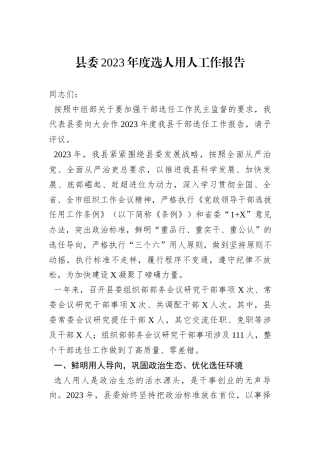 县委2023年度选人用人工作报告