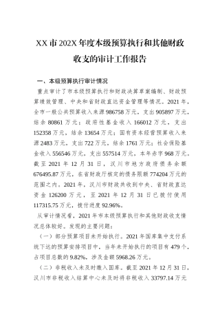 XX市202X年度本级预算执行和其他财政收支的审计工作报告