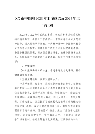 XX市中医院2023年工作总结及2024年工作计划