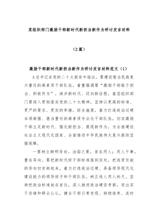(2篇)某组织部门激励干部新时代新担当新作为研讨发言材料