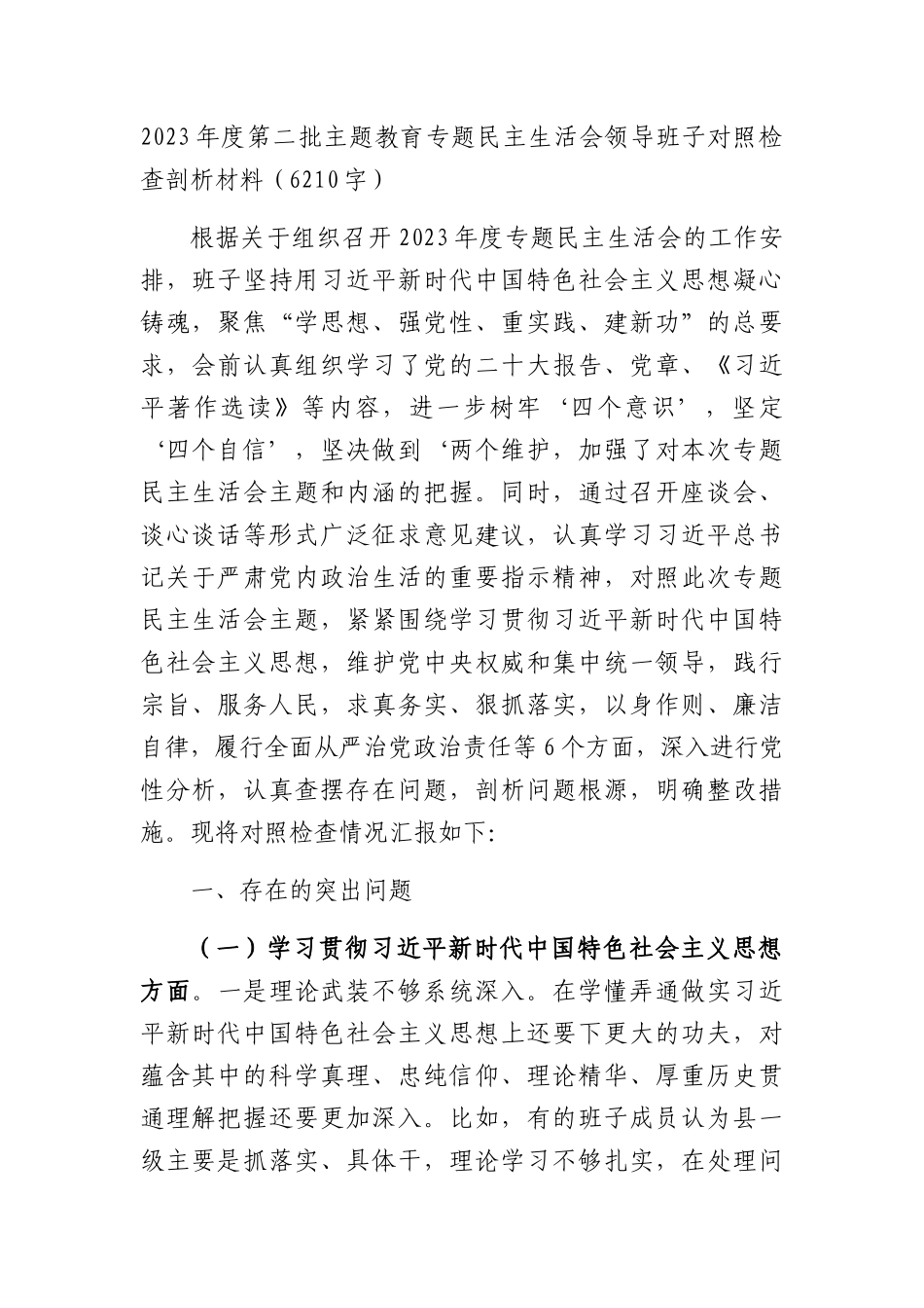 （班子）2023年度主题教育专题民主生活会对照检查剖析材料（践行宗旨等6个方面）_第1页