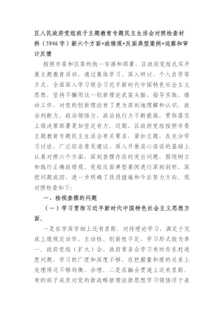 （区政府党组班子）主题教育专题民主生活会对照检查材料（践行宗旨等6个方面+政绩观+反面典型案例+巡察和审计反馈）