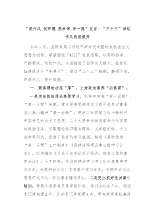 “提作风 优环境 亮承诺 争一流”发言：“三个三”推动作风效能提升