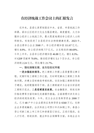 在经济统战工作会议上的汇报发言