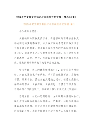 2023年党支部支委批评与自我批评发言稿（精选30篇）