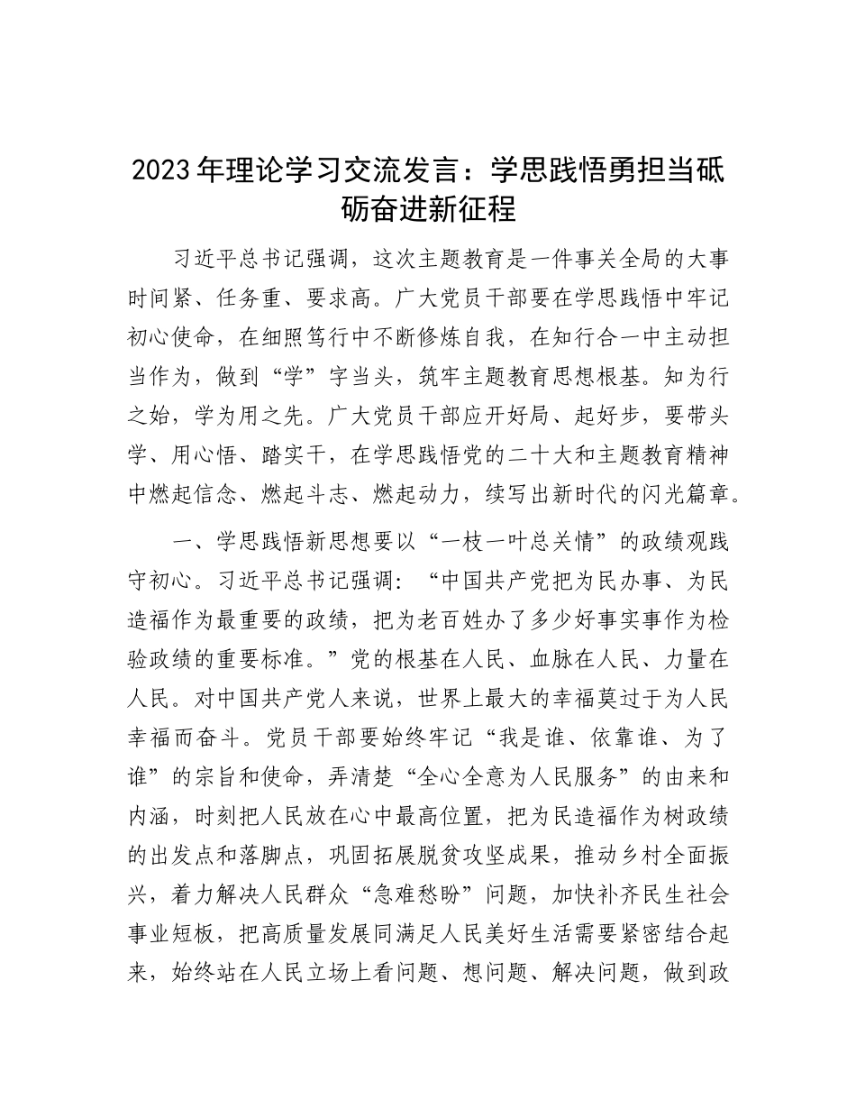 2023年理论学习交流发言：学思践悟勇担当 砥砺奋进新征程_第1页