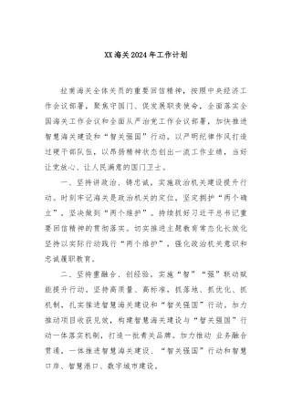 XX海关2024年工作计划