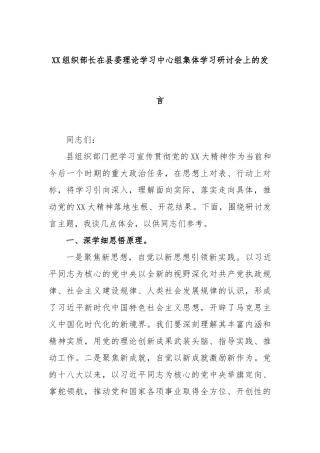XX组织部长在县委理论学习中心组集体学习研讨会上的发言