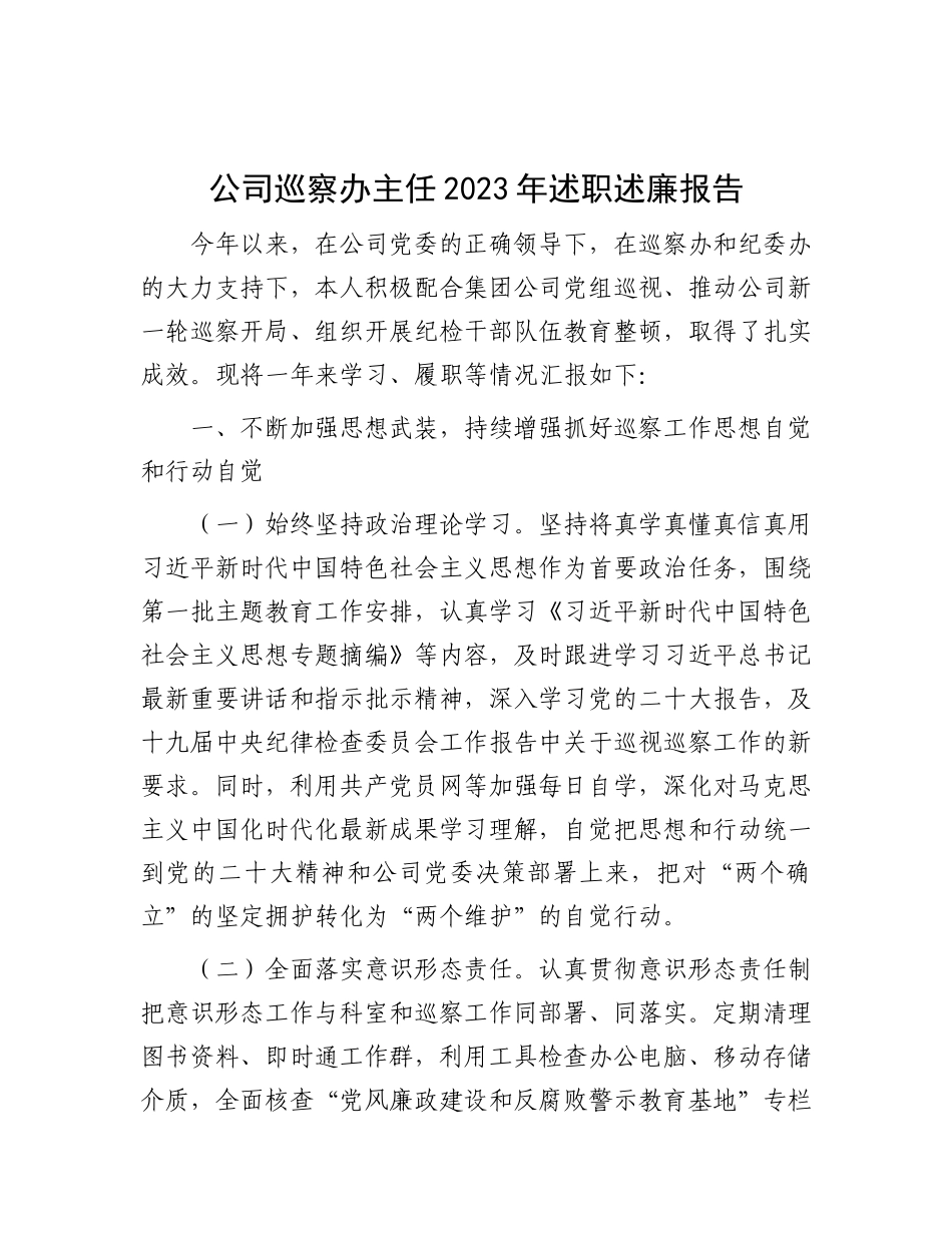 公司巡察办主任2023年述职述廉报告(1)_第1页