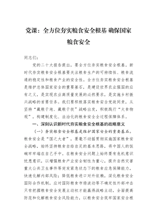 党课：全方位夯实粮食安全根基+确保国家粮食安全