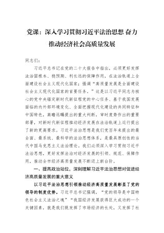 党课：深入学习贯彻习近平法治思想+奋力推动经济社会高质量发展