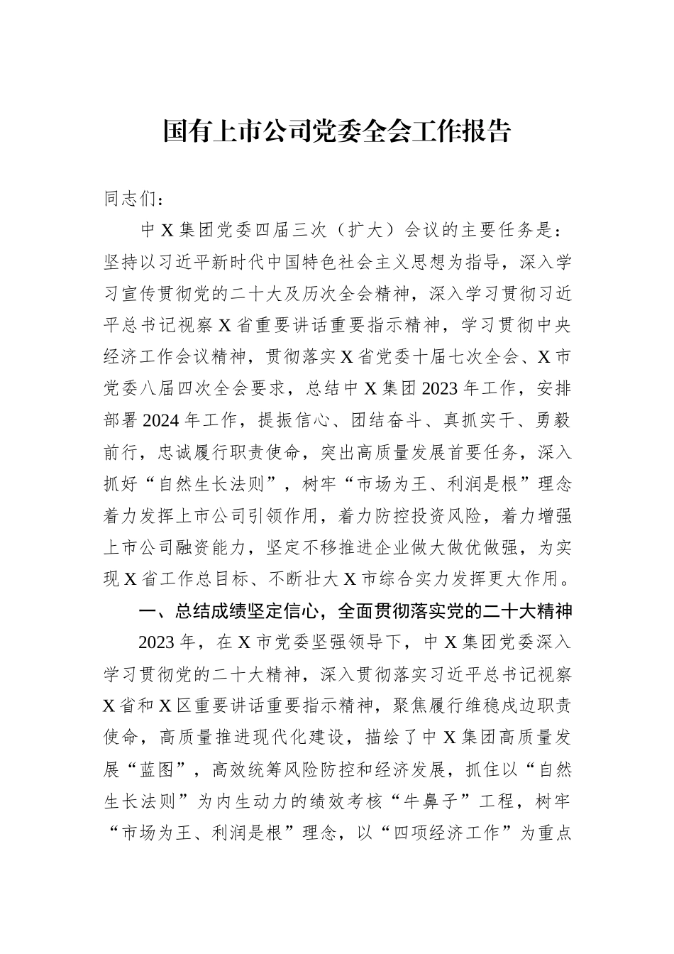 国有上市公司党委全会工作报告_第1页