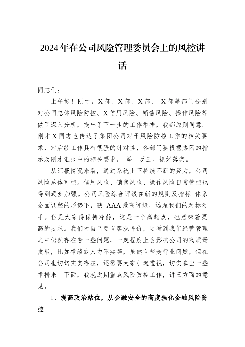 2024年在公司风险管理委员会上的风控讲话_第1页