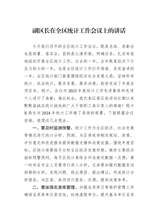 副区长在全区统计工作会议上的讲话