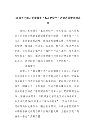 XX局关于深入贯彻落实“基层建设年”活动进展情况的总结
