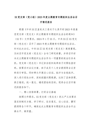 XX党支部（党小组）2023年度主题教育专题组织生活会召开情况报告