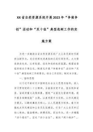 XX省自然资源系统开展2023年“争做争创”活动和“双十佳”典型选树工作的实施方案