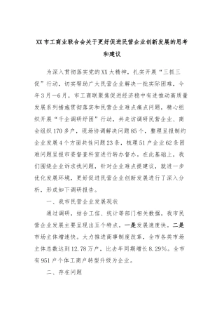 XX市工商业联合会关于更好促进民营企业创新发展的思考和建议