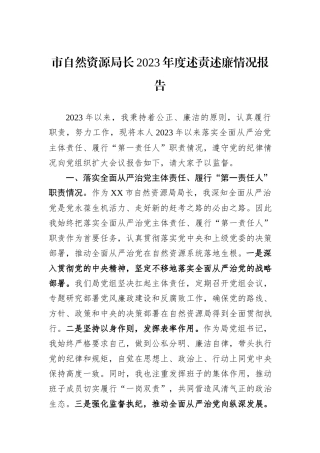 市自然资源局长2023年度述责述廉情况报告