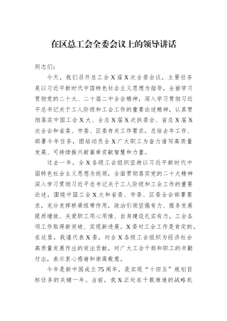 在区总工会全委会议上的领导讲话