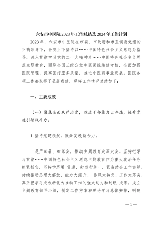 六安市中医院2023年工作总结及2024年工作计划