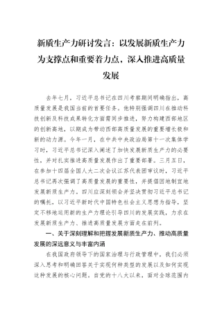 新质生产力研讨发言：以发展新质生产力为支撑点和重要着力点，深入推进高质量发展