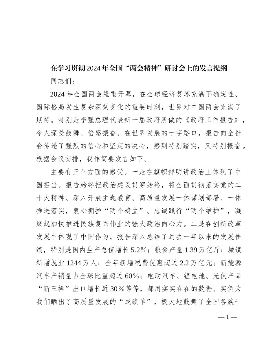 在学习贯彻2024年全国“两会精神”研讨会上的发言提纲_第1页