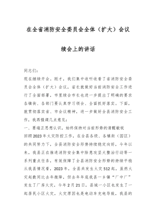 在全省消防安全委员会全体（扩大）会议续会上的讲话稿