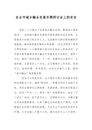 在全市城乡融合发展专题研讨会上的发言稿