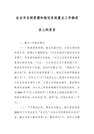 在全市自然资源和规划系统重点工作推进会上的发言稿