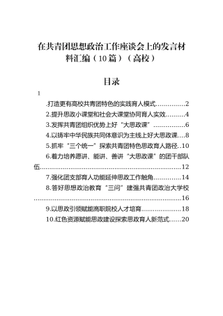 在共青团思想政治工作座谈会上的发言材料汇编（10篇）（高校）