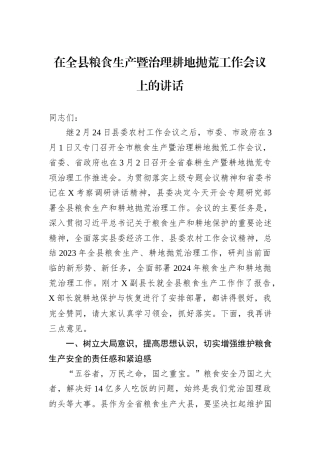 2024年在全县粮食生产暨治理耕地抛荒工作会议上的讲话