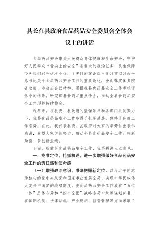 县长在县政府食品药品安全委员会全体会议上的讲话
