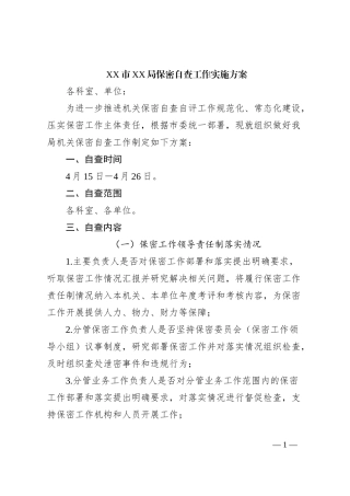 XX市XX局保密自查工作实施方案