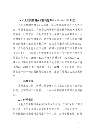 X市大型医院巡查工作实施方案（2024—2026年度）