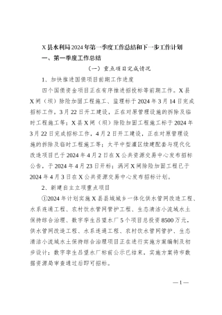 X县水利局2024年第一季度工作总结和下一步工作计划