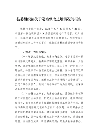 县委组织部关于巡察整改进展情况的报告