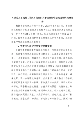 X镇委及下属村（社区）党组织关于巡察集中整改进展情况的报告