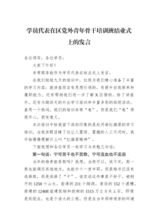 学员代表在区党外青年骨干培训班结业式上的发言