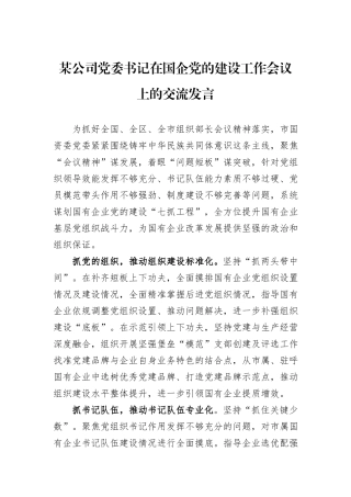 某公司党委书记在国企党的建设工作会议上的交流发言