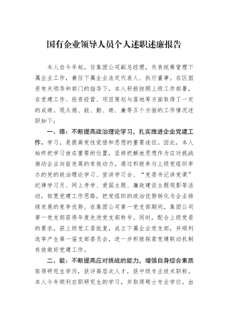 国有企业领导人员个人述职述廉报告