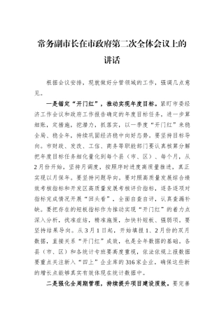常务副市长在市政府第二次全体会议上的讲话