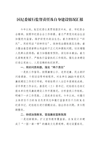 区纪委履行监督责任及自身建设情况汇报