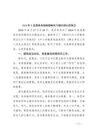 2024年X县教体系统师德师风专题培训心得体会