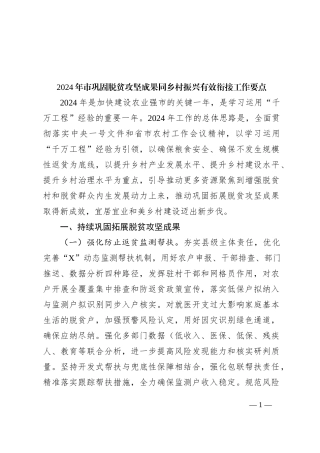 2024年市巩固脱贫攻坚成果同乡村振兴有效衔接工作要点