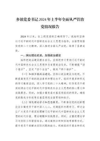 乡镇党委书记2024年上半年全面从严管治党情况报告