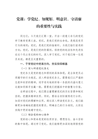 党课：学党纪、知规矩、明意识、守清廉的重要性与实践