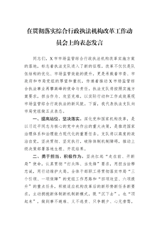 在贯彻落实综合行政执法机构改革工作动员会上的表态发言