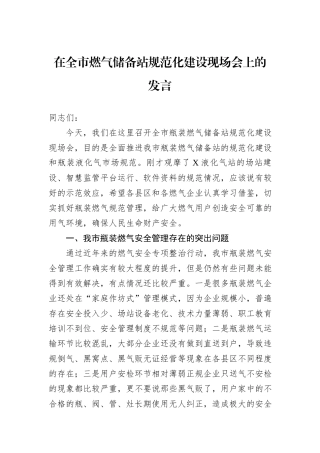 在全市燃气储备站规范化建设现场会上的发言